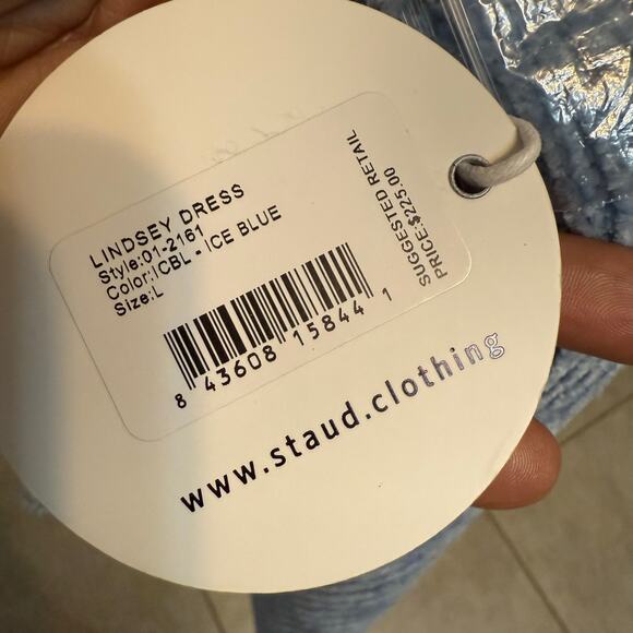 Staud Lindsey Dress Blue Ice off shoulder dress pearl beaded collar large NWTs - Picture 9 of 10